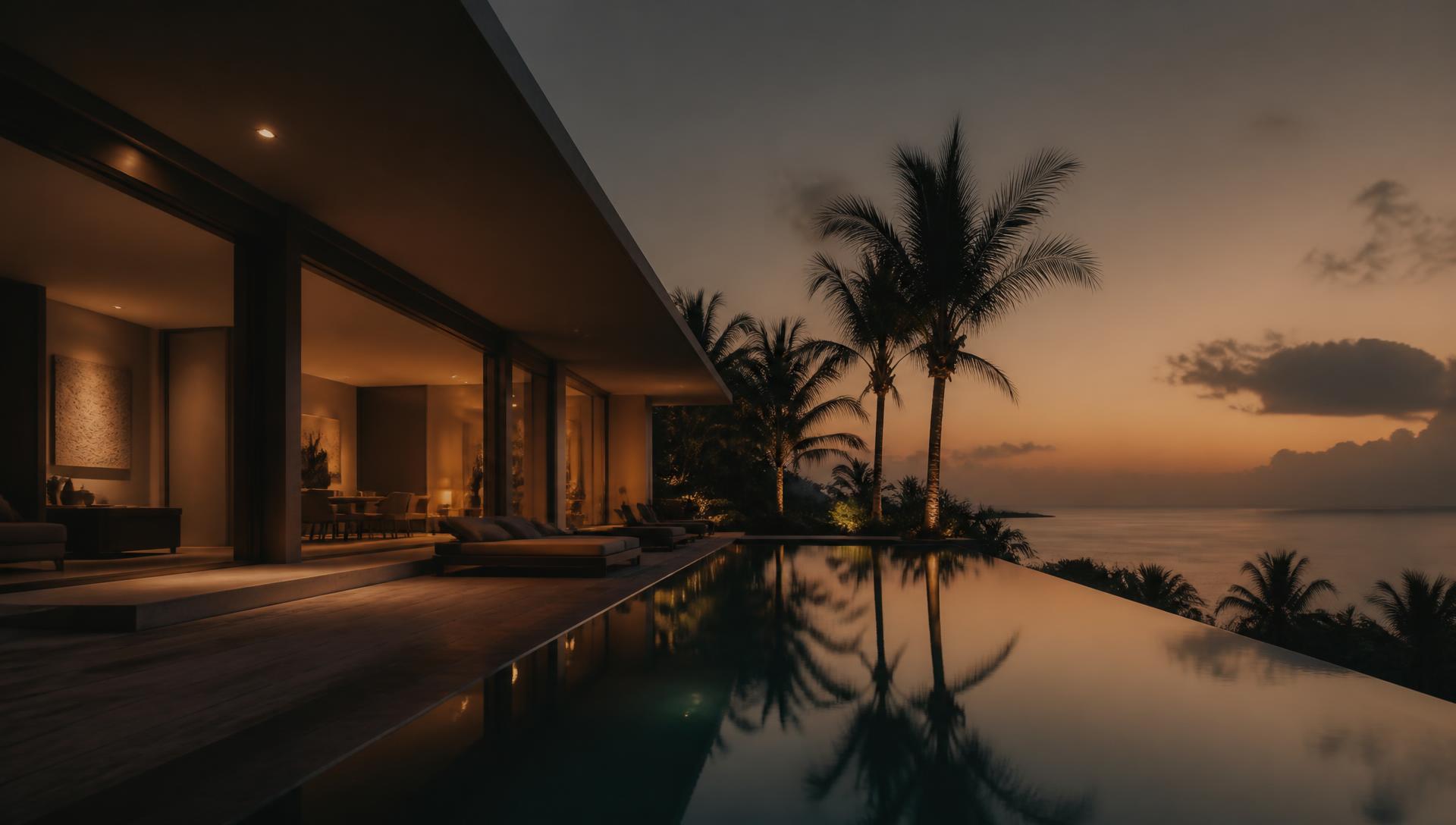 Luxury tropical villa at dusk with infinity pool