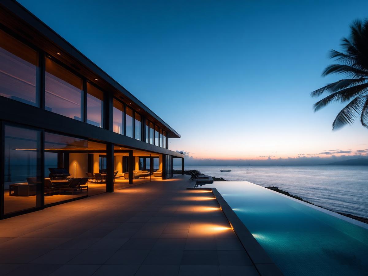 Oceanfront villa at blue hour